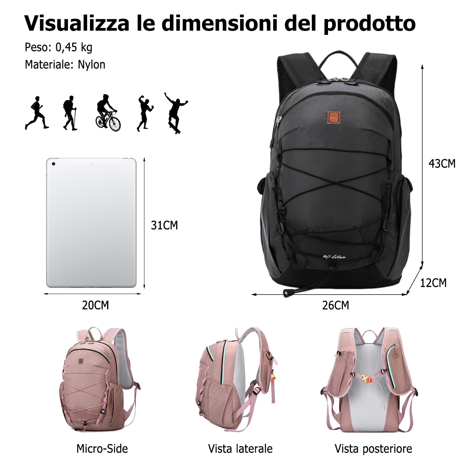 Zaino Outdoor Leggero 25L Zaino di Giorno in Nylon Impermeabile Zaini Traspirante con Scomparto per Idratazione per Escursionismo Viaggi Uso Quotidiano Nero