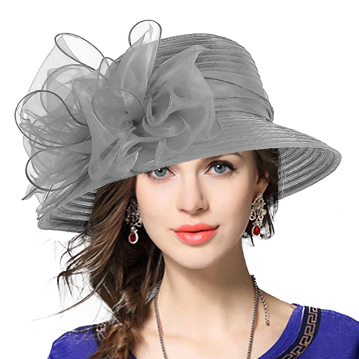 Vecry Women's Grey Lady Oaks Derby Dress Church Cloche Hat Ascot Bucket Wedding Bowler Hats (Grey)