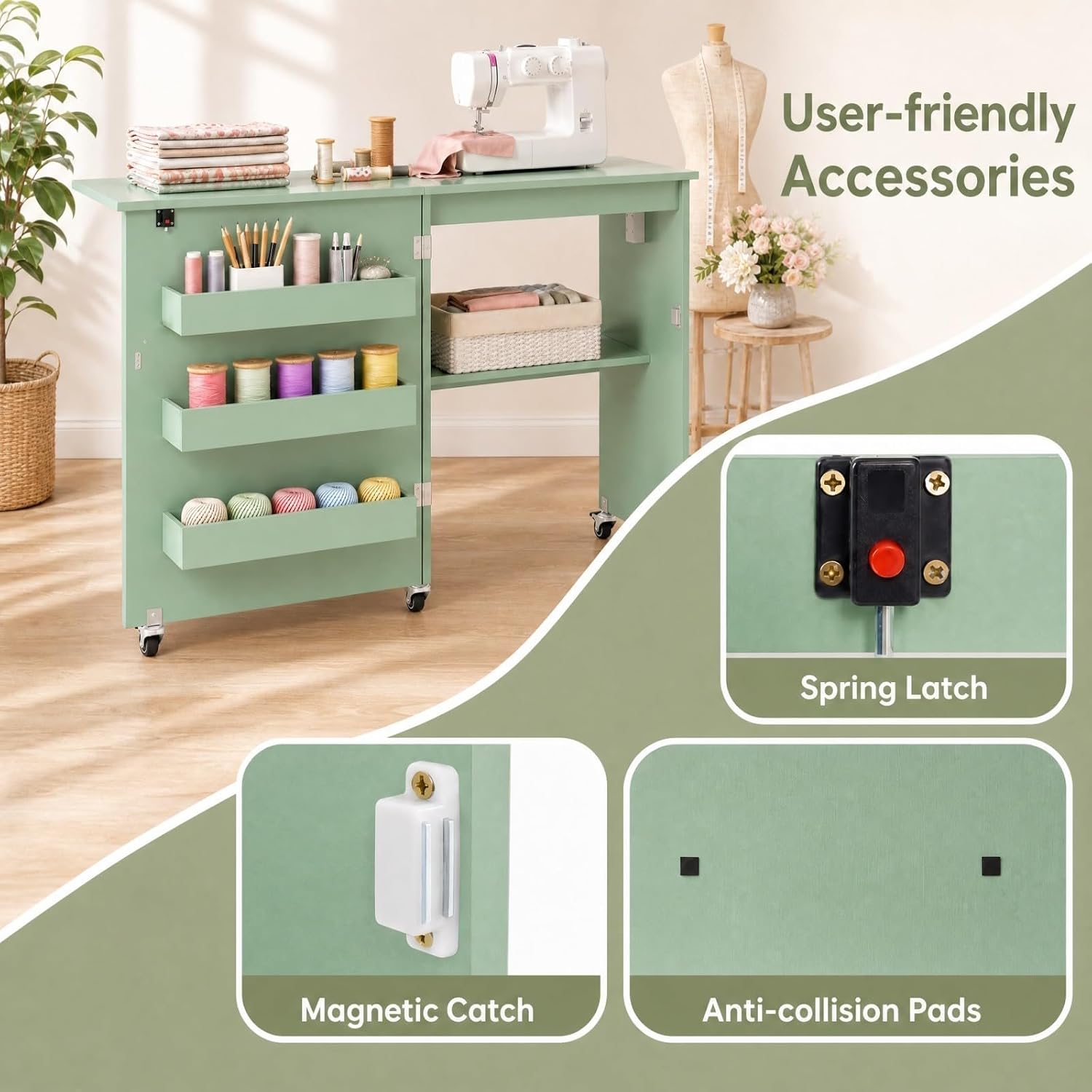 COSTWAY Folding Sewing Table with Charging Station, Sage Green | Lockable Casters, 3-Tier Shelf, Middle Rack, Magnetic Door, Small Sewing Desk for Home Apartment, Studio