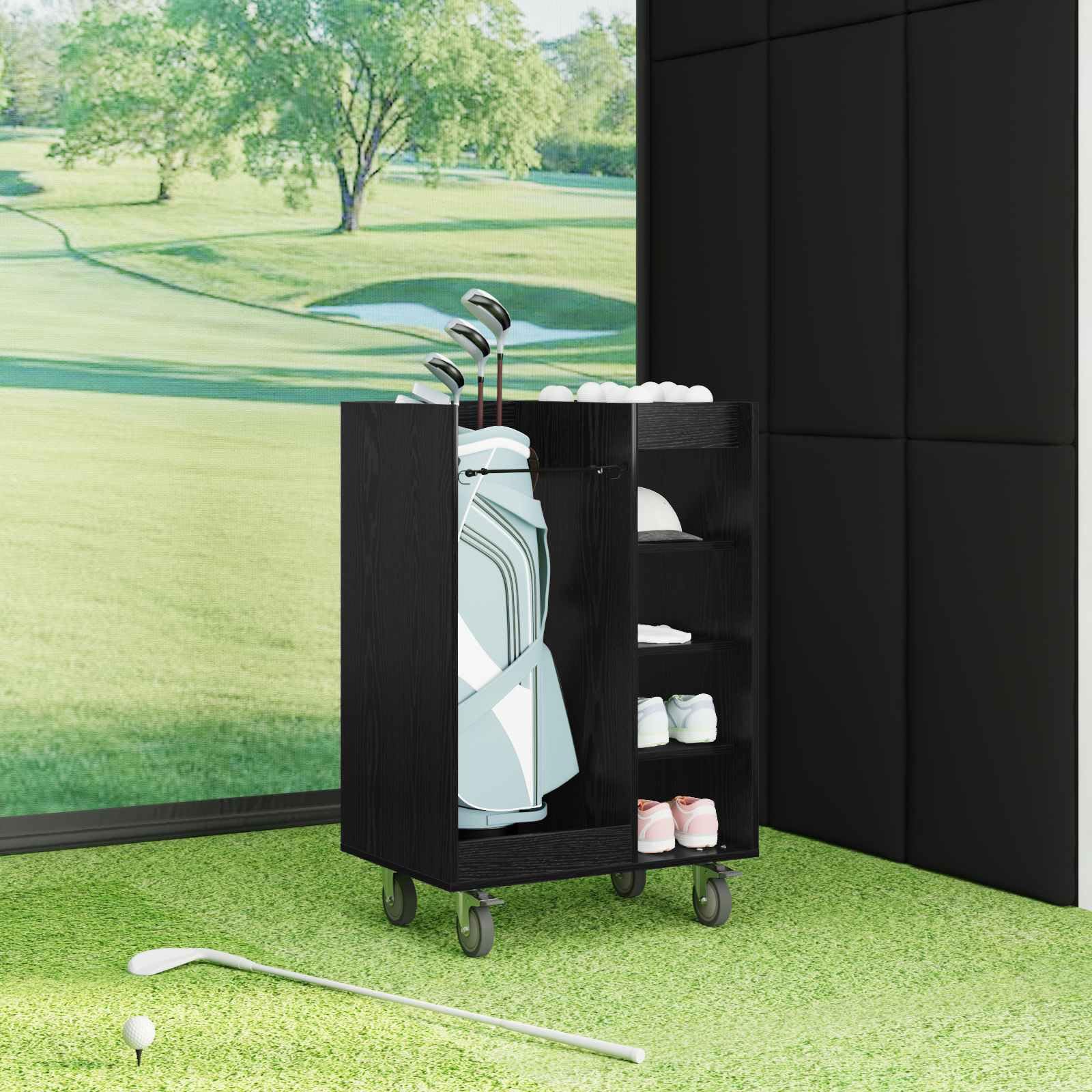 Szafka golfowa, regał na kółkach, kolor czarny, wygląd dębu, 65 x