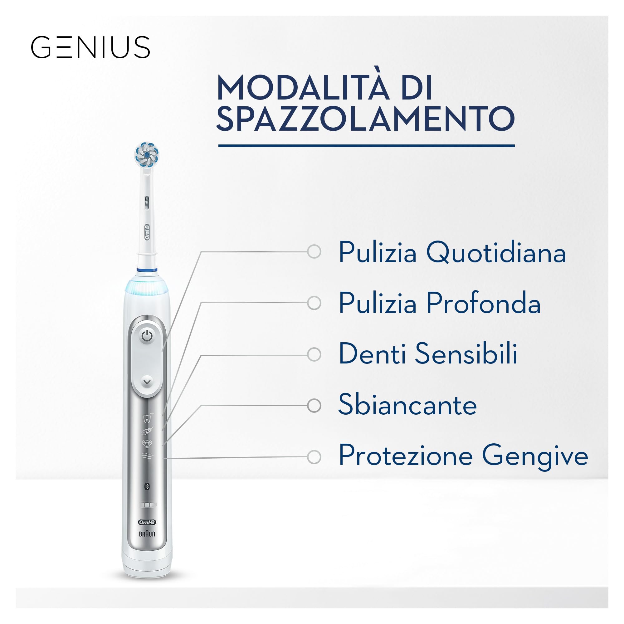 Oral-B Spazzolino Elettrico Ricaricabile Genius 8000N Con 1 Manico Argento, 1 Testina Di Ricambio, 1 Custodia Da Viaggio Premium E 5 Modalità, Tra Cui Sbiancante, Denti Sensibili E Protezione Gengive