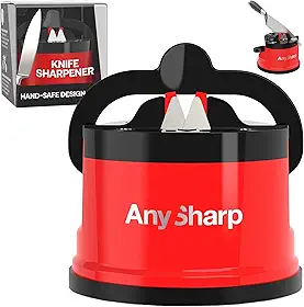 AnySharp Afiador de facas, segurança sem mãos, ventosa, afia com segurança todas as facas de cozinha, ideal para aço endurecido e dentado, o melhor do mundo, compacto, vermelho