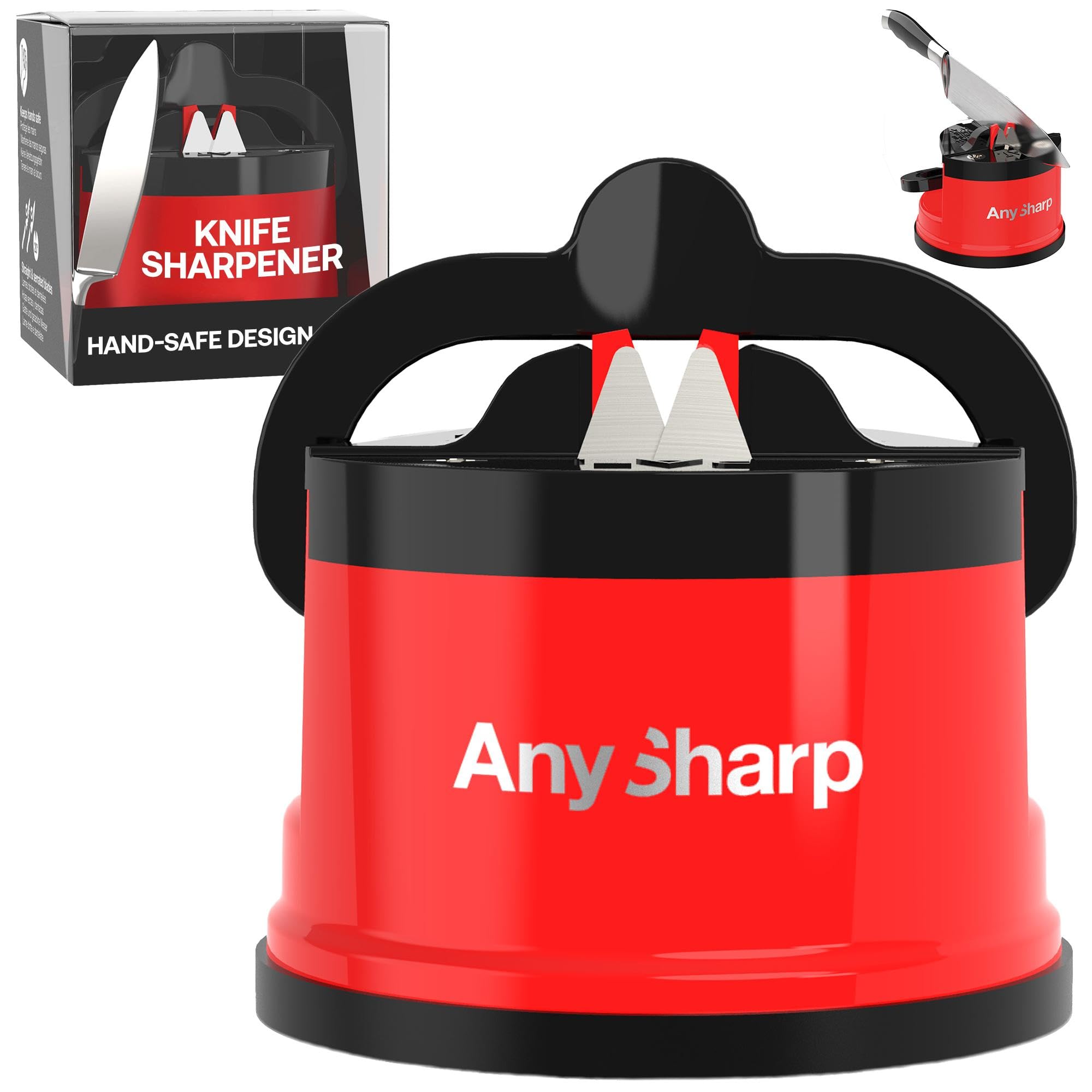 AnySharp – Global – Hands Free Knife Sharpener - Easy to Use Sharpening Tool with PowerGrip Suction Base and 20-Degree Pre-Set Angle - for All Knives: Chef's, Serrated, and Hardened Steel - Red
