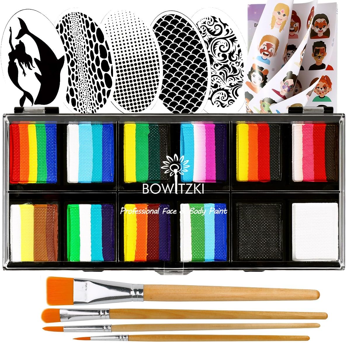Bowitzki Face Paint Kit Professional Split Cake Face Painting Set For Adults 12x10 gm with Stencil One Stroke Non Toxic Rainbow Flora Dolphin Unicorn Flame Body Paint Halloween Christmas Makeup