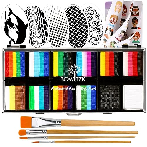 Bowitzki Kit de pintura facial profesional para tartas divididas, juego de pintura facial para niños y adultos, 12 x 0.35 oz con plantilla de un