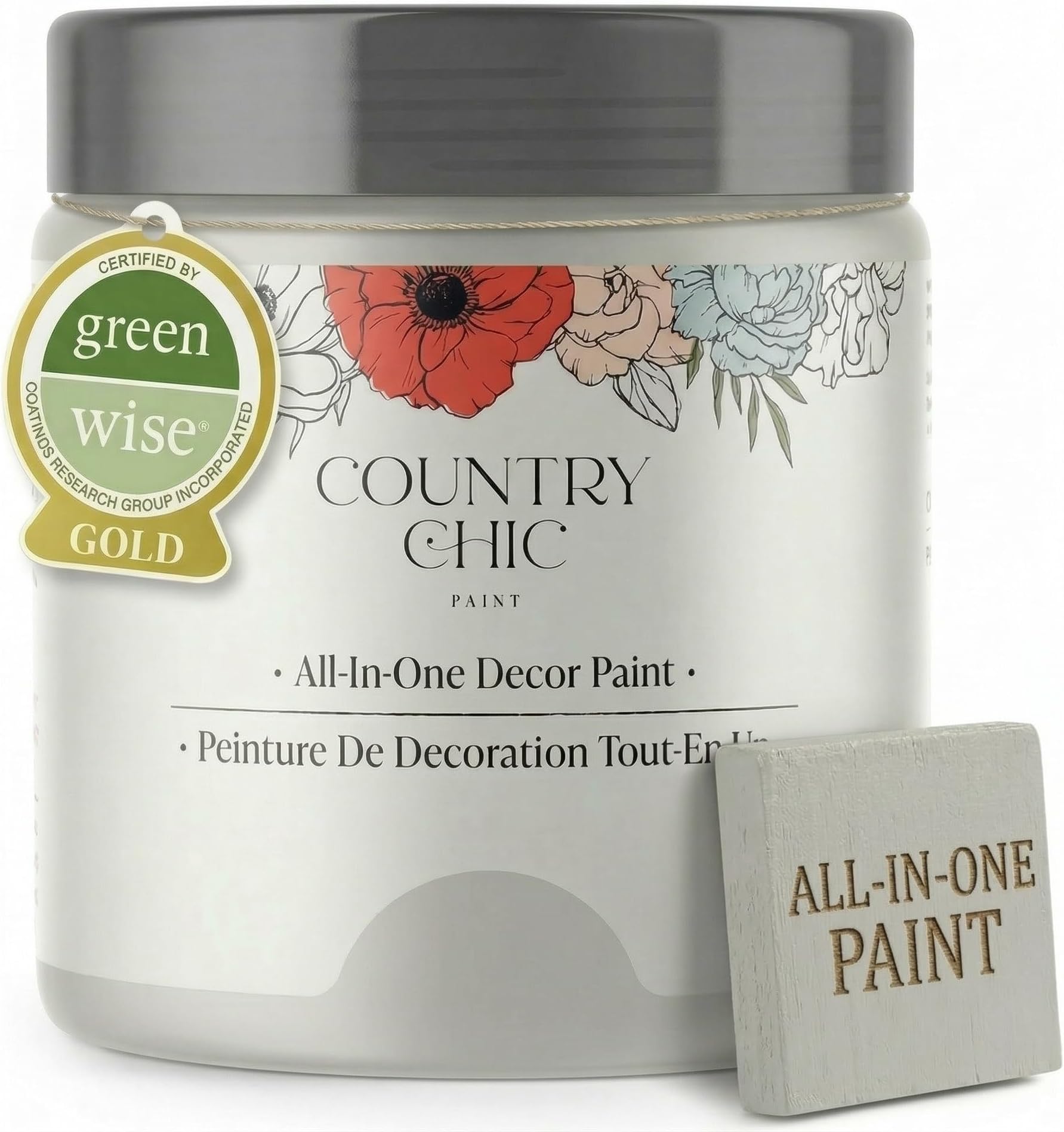 Country Chic All-in-One Chalk Paint for Furniture, Cabinets, Home Decor, Eco-Friendly, Matte Finish, Built-In Primer & Top Coat for Wood, Metal - Lazy Linen (Light Grey) - Pint 16 oz (475 ml)