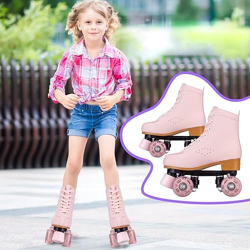 Miniatura 7 de jessie Roller Skates for Girl and Women, PU Leather Light up Kids Roller Skates, Cute Adjustable Four-Wheel Beginner Youth Roller Skates Girls Ages