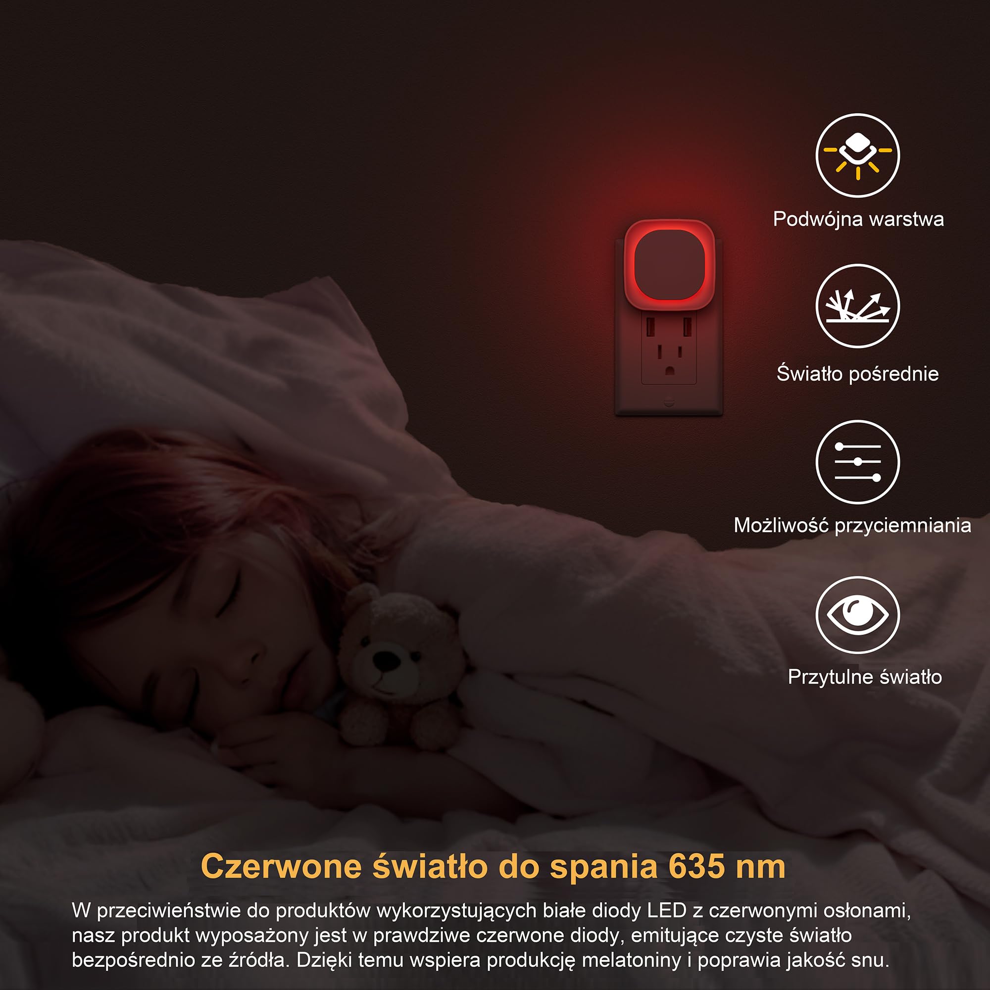YUNLEX Lampka nocna z czujnikiem zmierzchu, [2 sztuki], automatyczne włączanie/wyłączanie, 3-poziomowe ściemniane światło nocne, do pokoju dziecięcego, sypialni, przedpokoju, łazienki, Czerwony