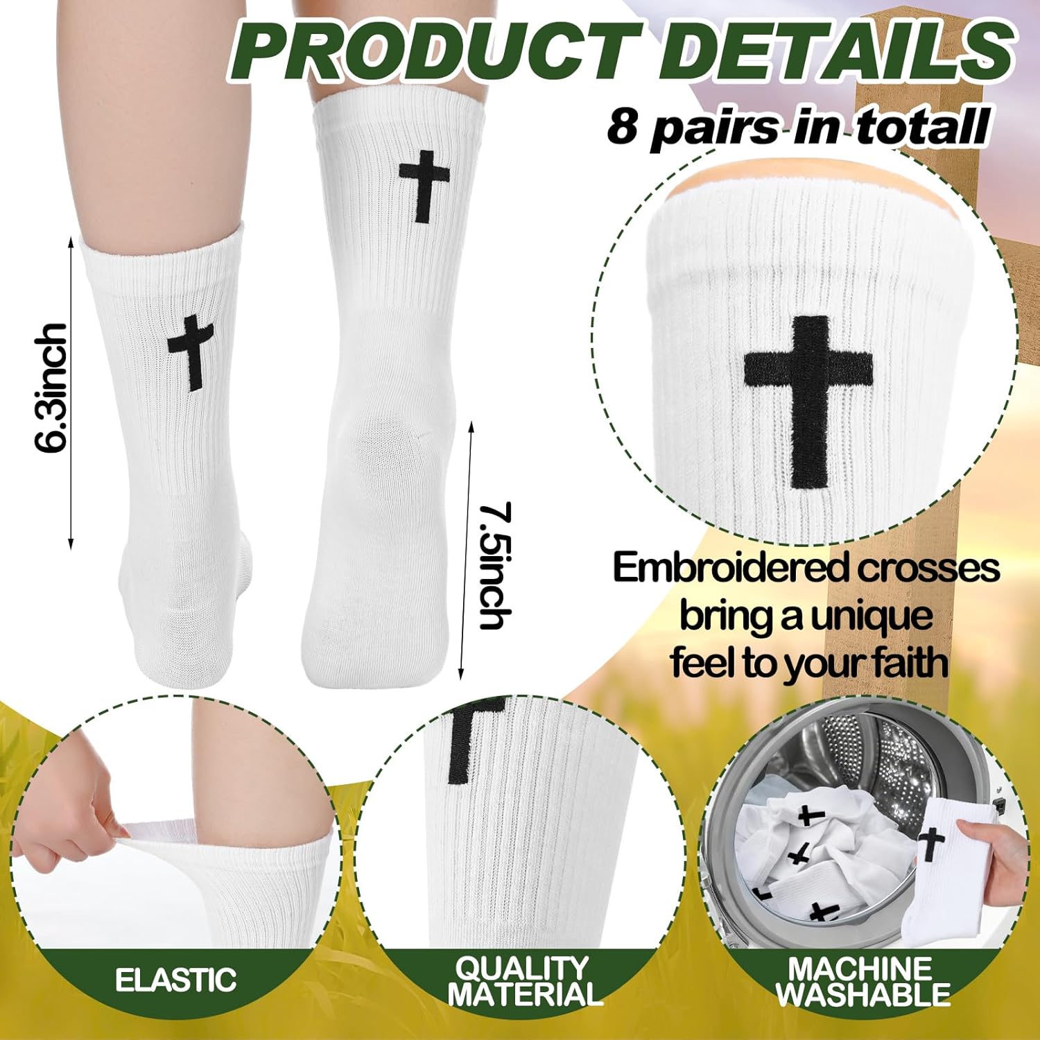 6 Pairs Embroidered Cross Socks Christian Gifts Ideas Religious Catholic Jesus Sock Novelty Funny Crew Cross Socks for Men Women - Image 4