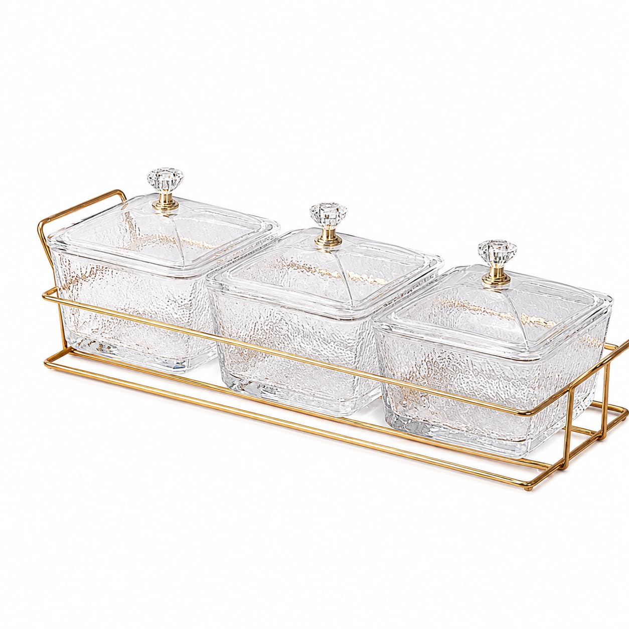 3 Compartment Glass Dry Fruit Serving Bowl Set with Lids and Gold Metal Rack - Clear Textured Snack Containers for Candy, Mukhwas, Nuts, Condiments & Tabletop Kitchen Party Serving-image-18