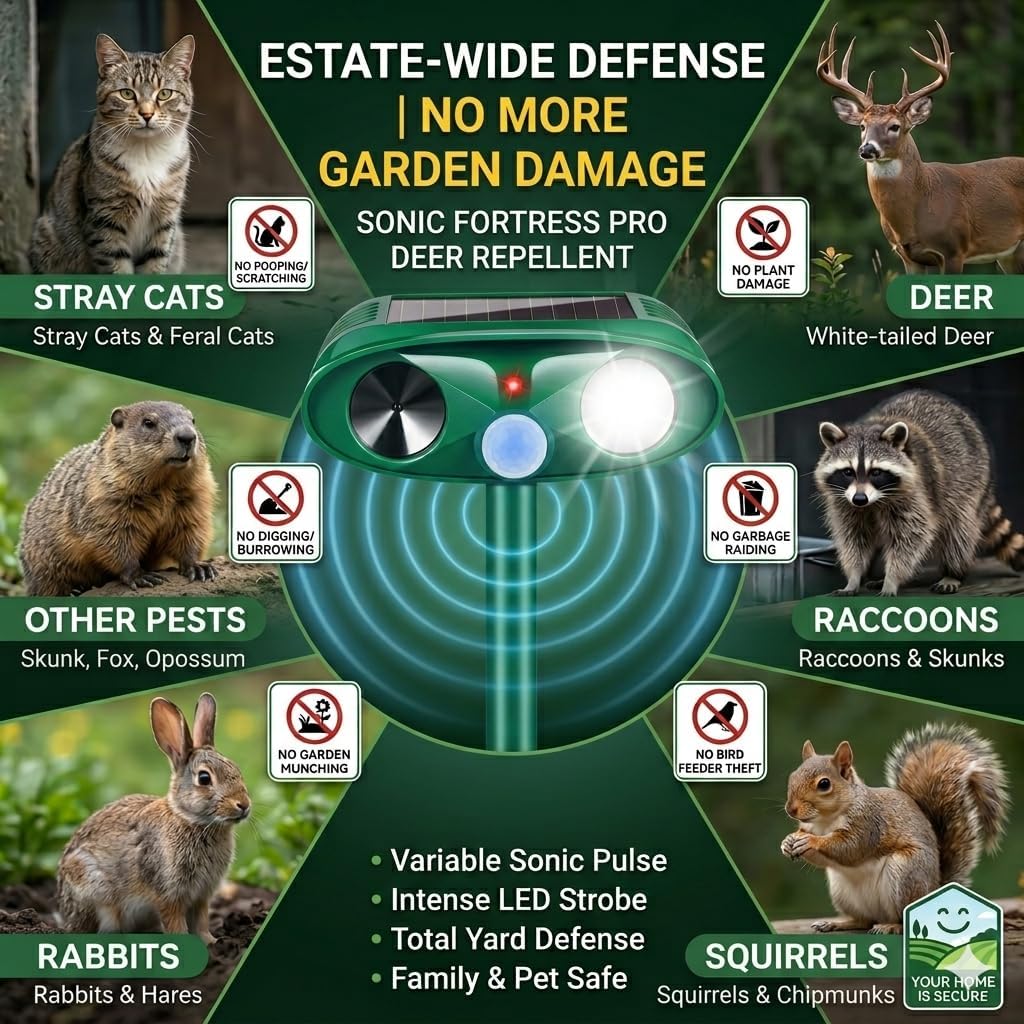 4Pack Sonic Fortress Pro Deer Repellent Devices Squirrel Rabbit Cat Raccoon Fox Deterrent Solar Ultrasonic Animal Repellent Outdoor with Motion Activated Strobe Light for Yard Lawn Garden Protection