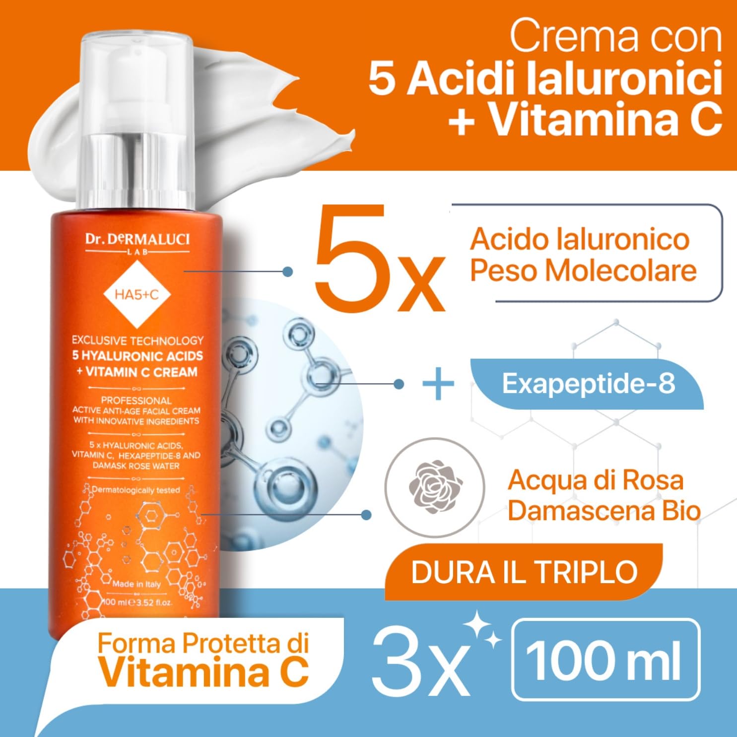 Dr. Dermaluci Lab Crema Viso Idratante BIO 100ml - Antirughe, Elasticizzante e Illuminante - Con 5 Acidi Ialuronici, Vitamina C, Hexapeptide e Rosa Damascena - AIAB, Nickel Tested, Made in Italy