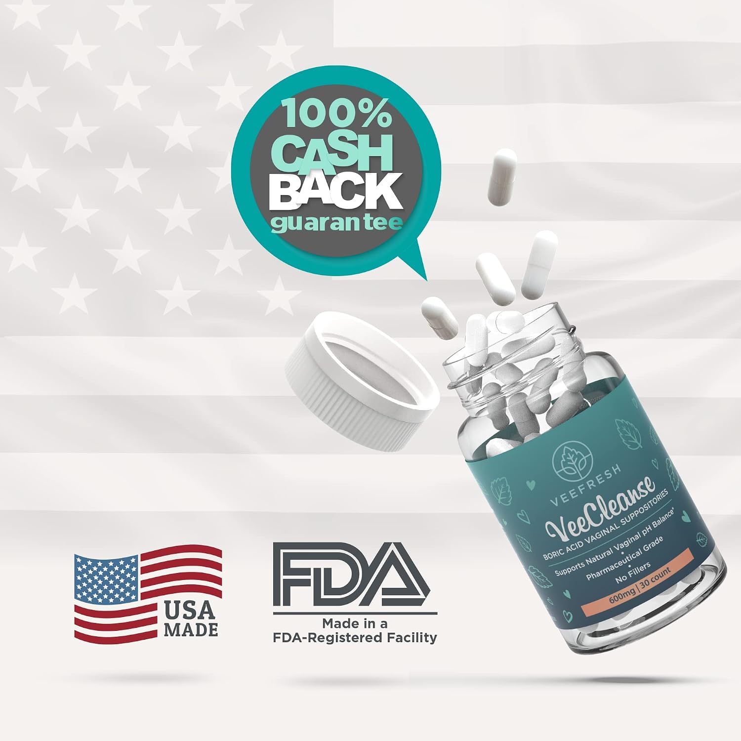 VeeFresh - VeeCleanse Boric Acid Vaginal Suppositories - Vaginal pH Balance Suppositories - Vaginal Odor Control - Feel Fresh, Feminine and Confident