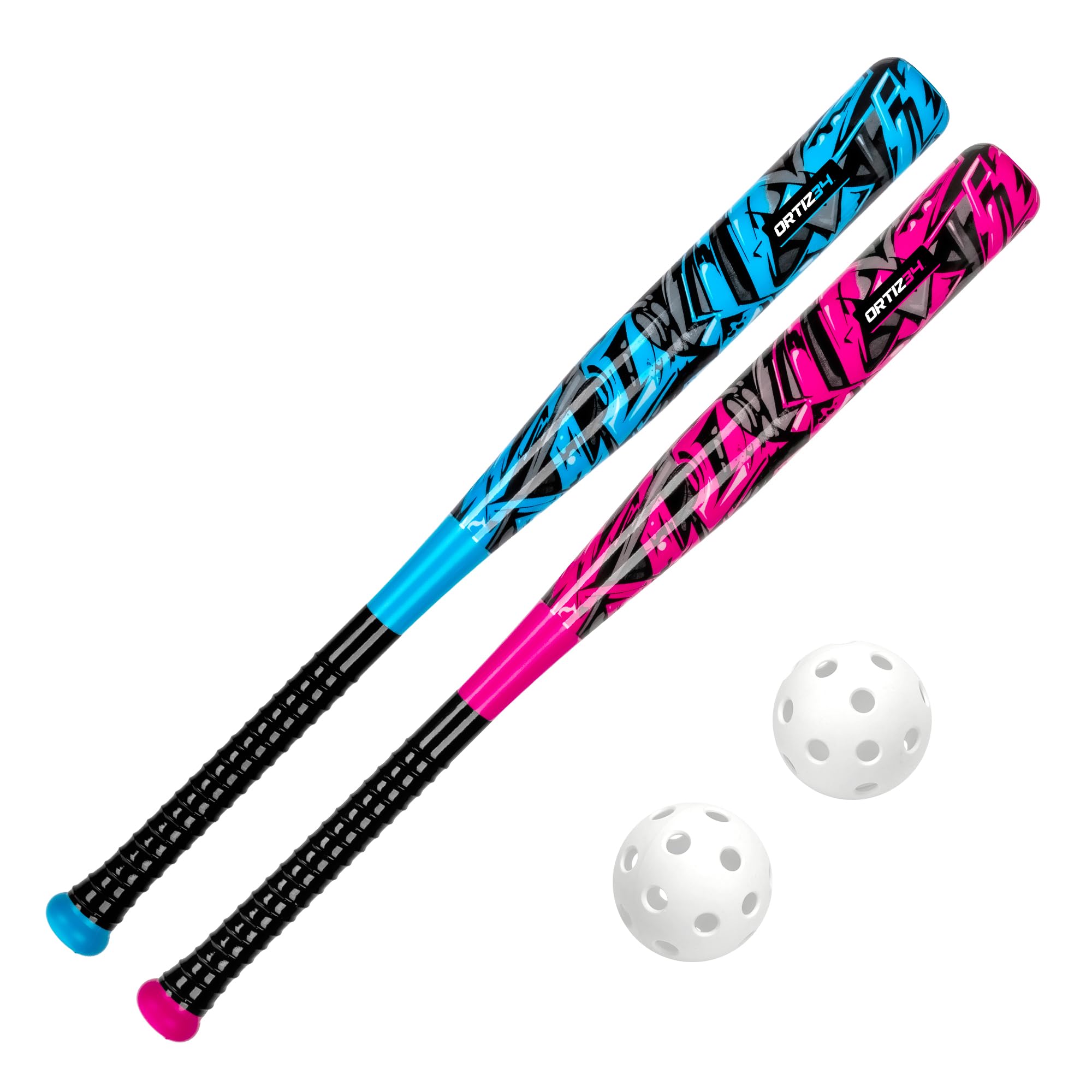 Ortiz34 Bat & Ball Set - Graffiti Plastic Bat & Ball Homerun Set- David Ortiz Backyard Baseball Set for Youth, Kids, Teenagers, Adults (2 Pack Bat & Ball Set, Blue/Purple)