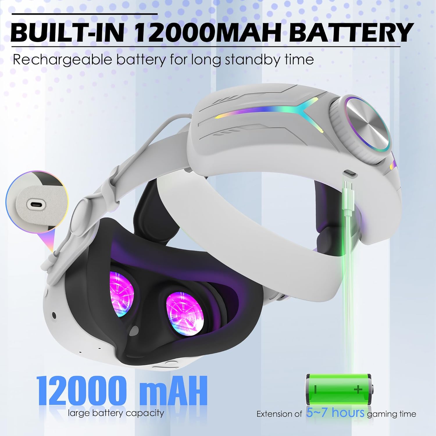 Orzero Upgraded 12000mah Battery Head Strap Compatible for Quest 3S, 9V 2A PD Fast Charging Extended Gaming Time with RGB Light Exclusively Designed Accessories for Quest 3s- White