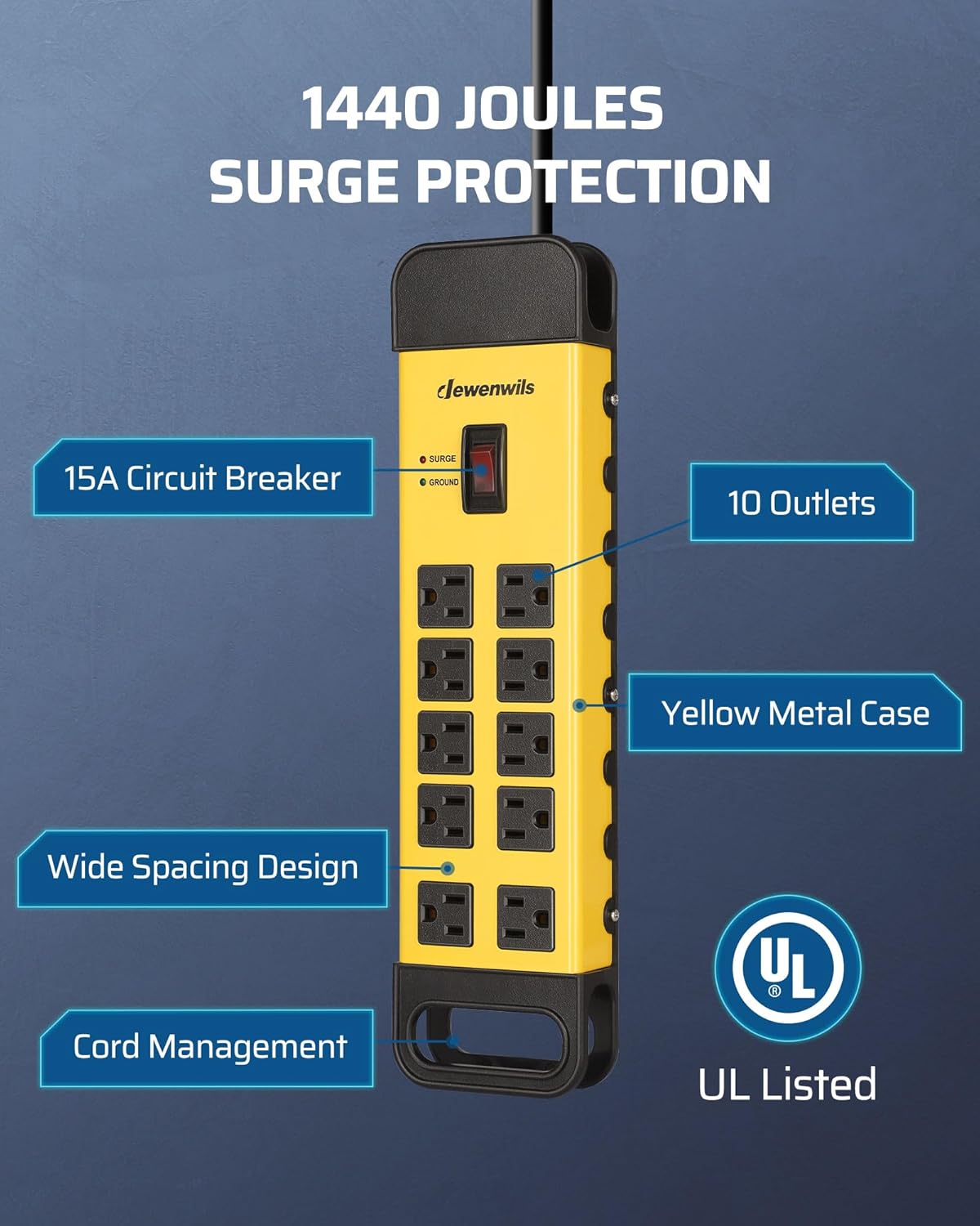 DEWENWILS 10-Outlet Metal Surge Protector Power Strip with 15Ft Cord, UL Listed, Flat Plug, 15A Circuit Breaker, 1440Joules, Heavy Duty Industrial Power Strip for Garage, Workshop, Wall Mountable