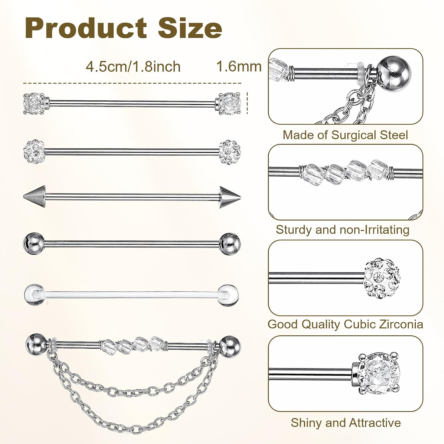 Tucnoeu 6pcs 14G Industrial Piercing Jewelry, Cartilage Helix Piercing Earring, Surgical Steel Industrial Barbell Earrings, Silver for Women Men