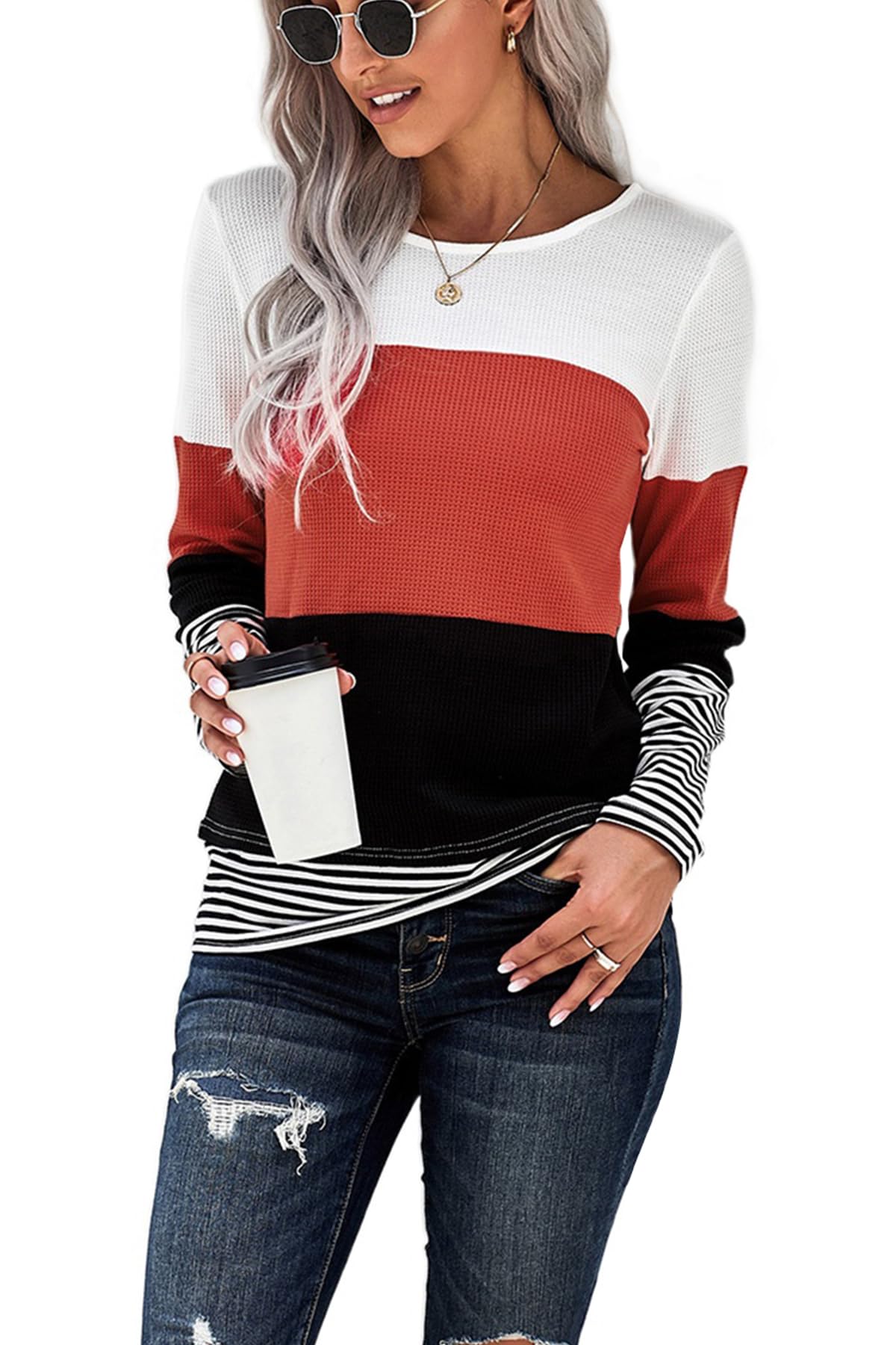 Long Sleeve Shirts for Women Casual Lightweight Sweaters Color Block Striped Tunic Tops