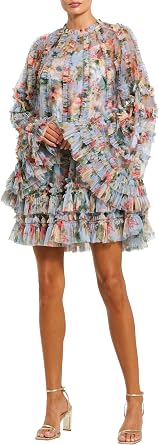 Mac Duggal Printed Mesh Ruffle High Neck Mini Dress