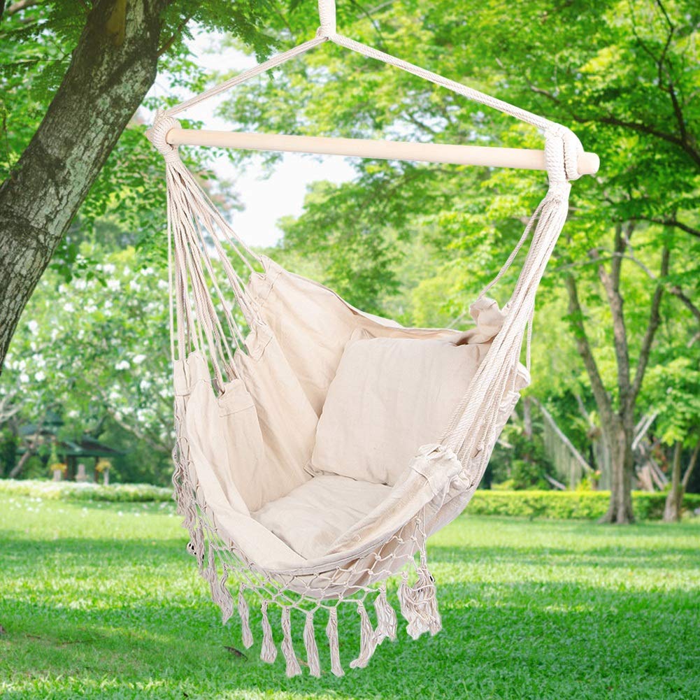 Chaise de hamac avec deux coussins, chaise suspendue corde de coton, fil de coton, chaise pour tissage, hamac à chaise, chaise à bascule suspendue, extérieur de jardin et intérieur maison