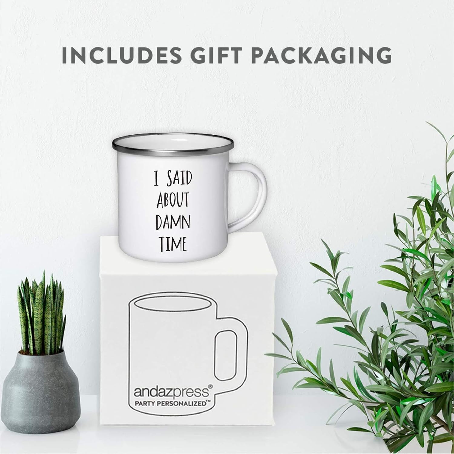 Andaz Press Wedding Engagement Stainless Steel Campfire Coffee Mugs Gift Set, I Asked, I Said About Damn Time!, 2-Pack, Metal Enamel Campfire Camp Cup Photo Shoot Props, includes gift box