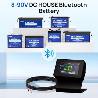 DC HOUSE Bluetooth Battery Capacity Monitor for 12V/24V/36V/48V Systems, DC 890V LCD Meter with Voltage, Temperature Sensor & Alarm (Use only DC HOUSE Bluetooth Battery)