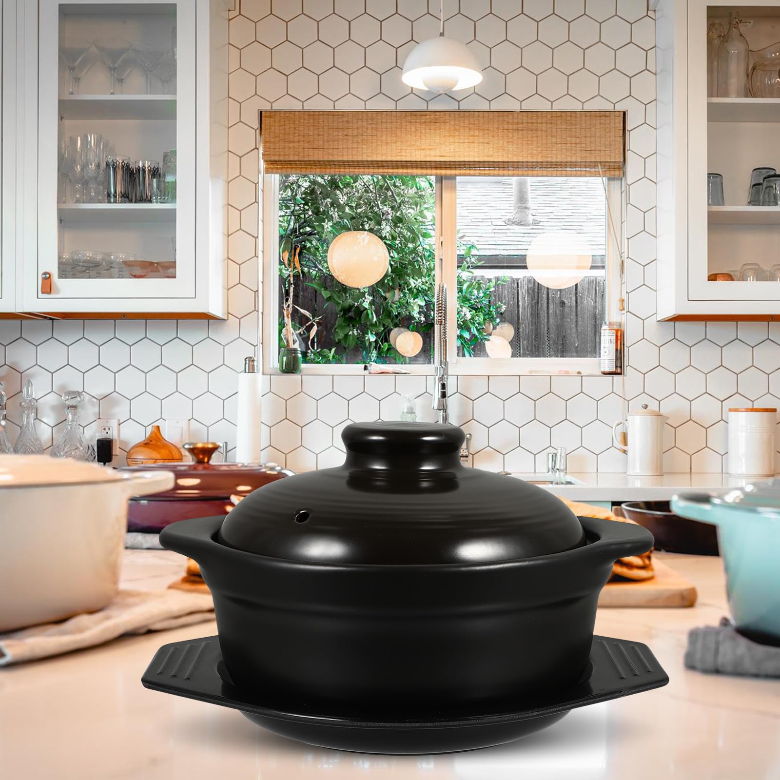Operitacx Pentola in Ceramica Nera con Vassoio, Riscaldamento Concentrato a Energia, Superficie Smaltata Liscia, per Zuppa e Stufato, Set