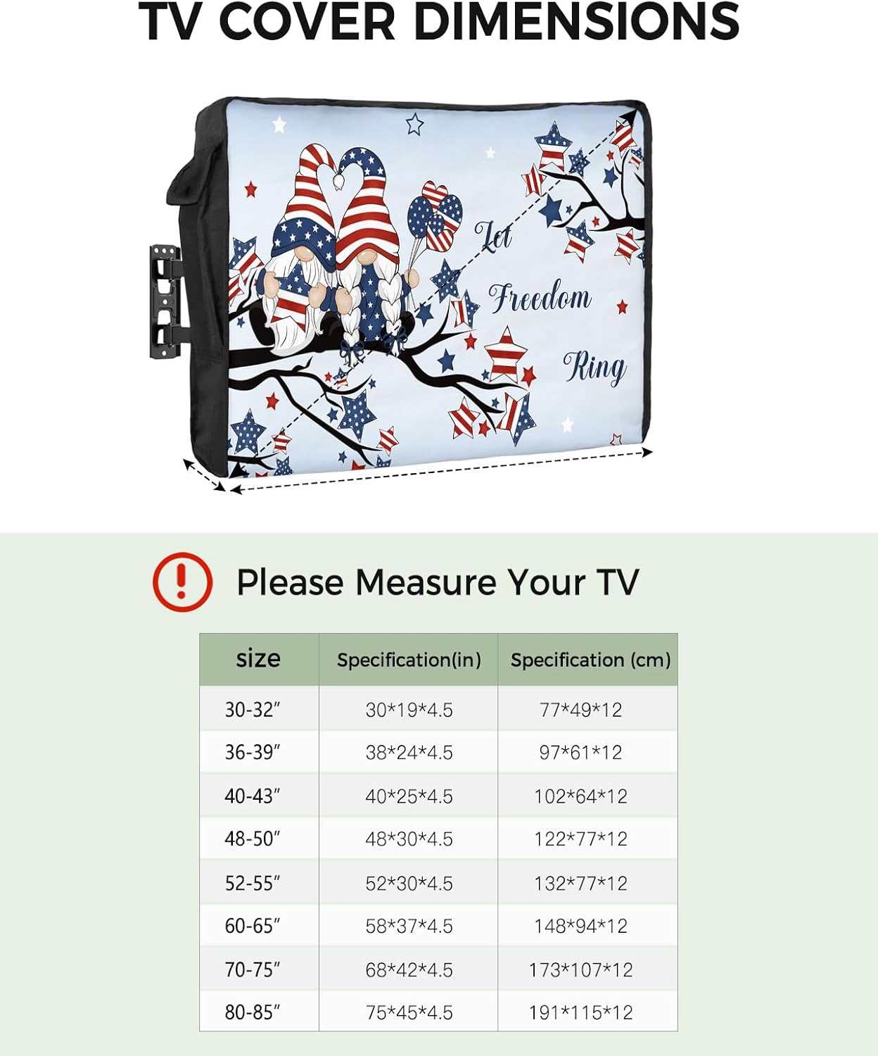 Outdoor TV Cover - 4th of July USA Flag Patriot Gnome Tree Balloon Aqua Blue Waterproof and Weatherproof 52"-55" LCD Movable Shield TV Display Screen Protector Outside Television Covers