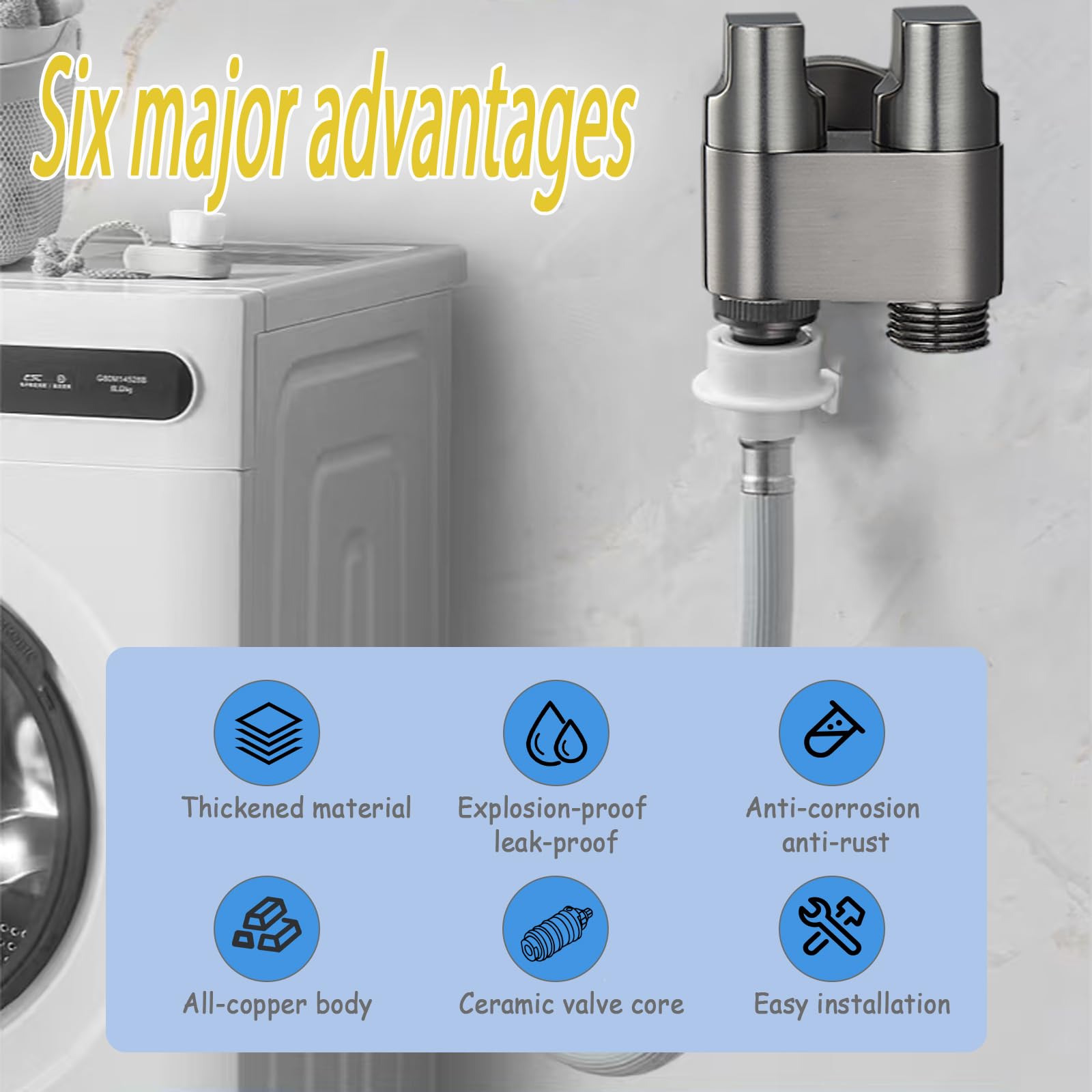Robinet de machine à laver,laiton robinet lave linge, avec arrêt d'eau, vanne d'angle de robinet de machine à laver, pour Machine à Laver, Toilettes, équipé de raccords 1/2 et 3/4 (Dual outletsASIN)