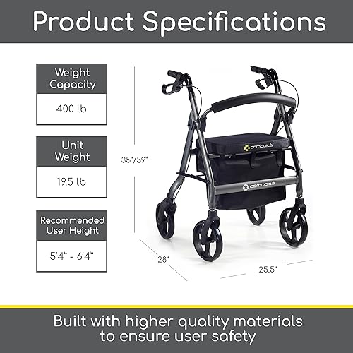 Miniatura 4 de Andador resistente con ruedas, cómodo, con amplio asiento de nailon de 15 pulgadas, de Comodità, Champán metálico, 1