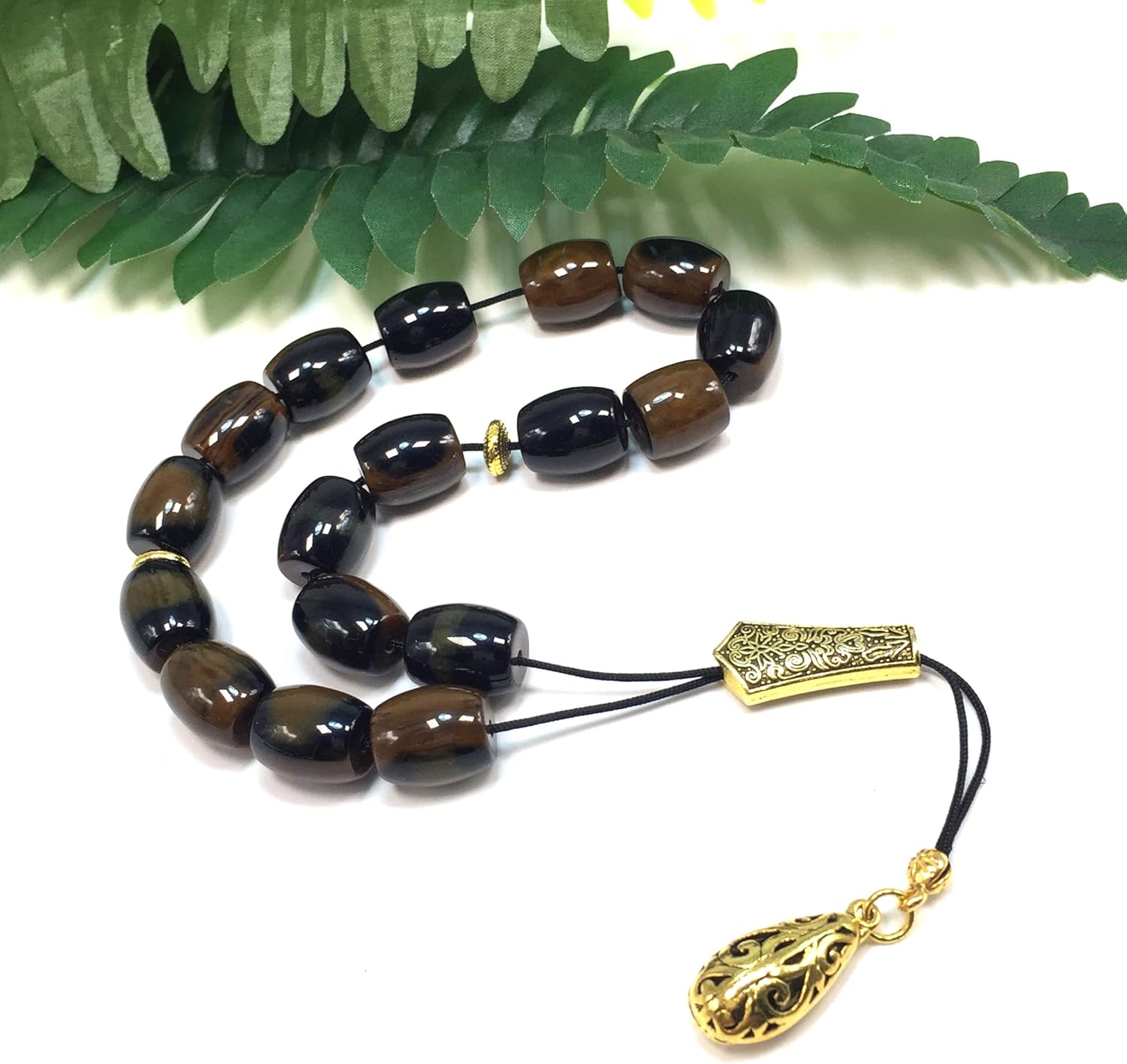 Design - Greek KOMBOLOI Series Worry Beads Begleri Pony Anxiety Beads Rosary Relaxation Stress Relief (Brown Resin Column -14X12mm- 17 Big Beads)