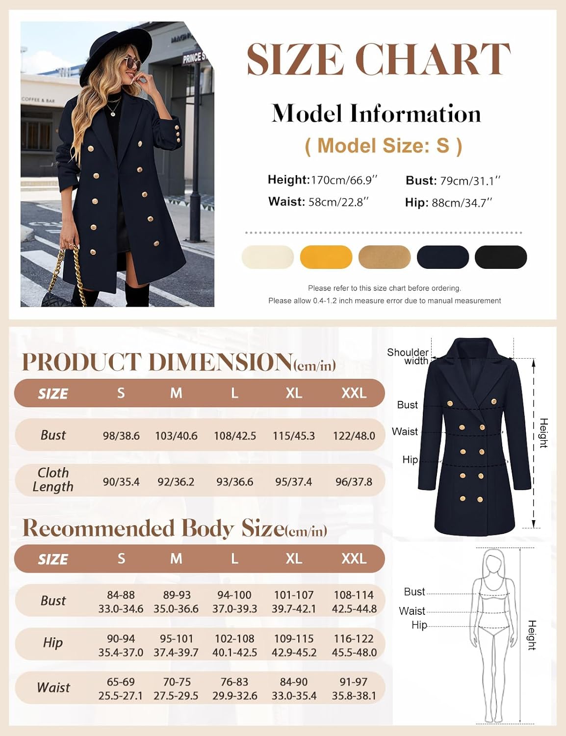 UMIPUBO Women's Notched Lapel Trench Coat Size Guide
