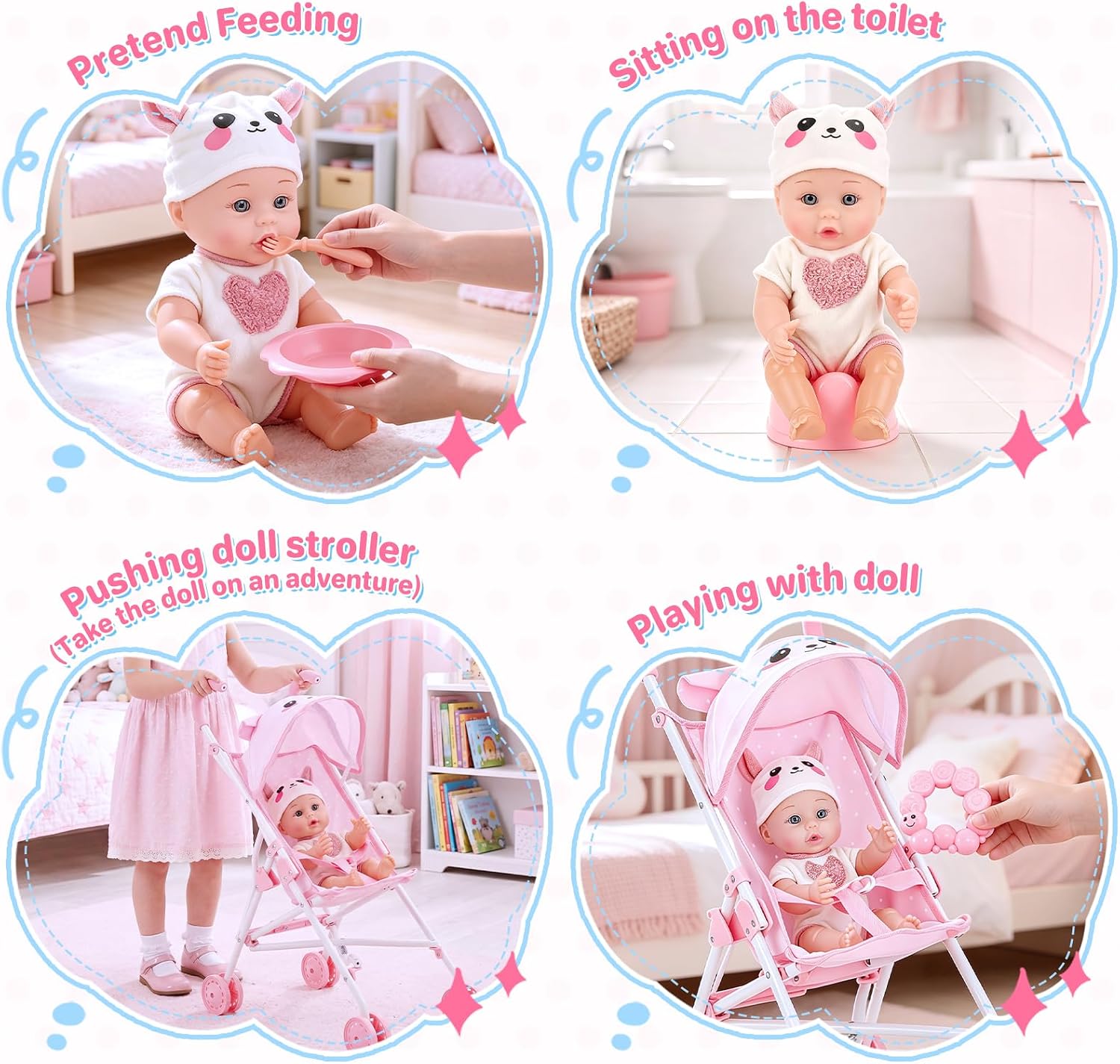 deAO Baby Doll Stroller Playset with 12" Doll (Pink) | Foldable Stroller, Doll Clothes,Baby Doll Accessories,Pretend Play Toy for Ages 3-8,Great Gift for Kids Boys Girls