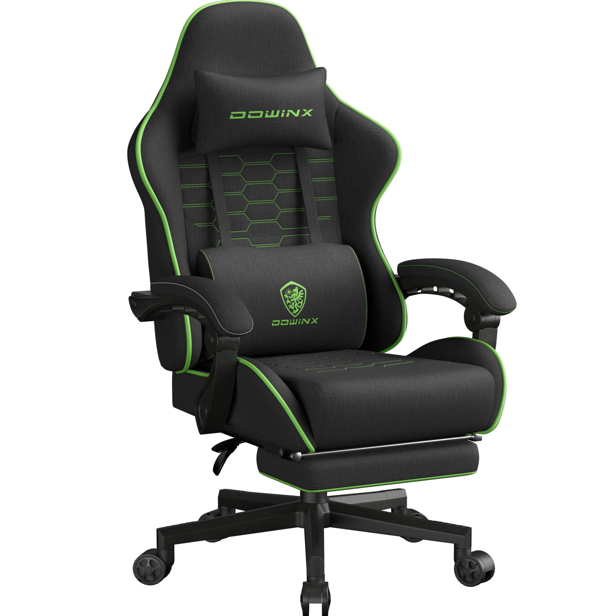 Dowinx Big and Tall Gaming Chair Fabric with Footrest Pocket Spring Cushion for Home Office, High Back Recliner Height Adjustable Ergonomic Comfy Cloth Computer Desk Chair, Black Green