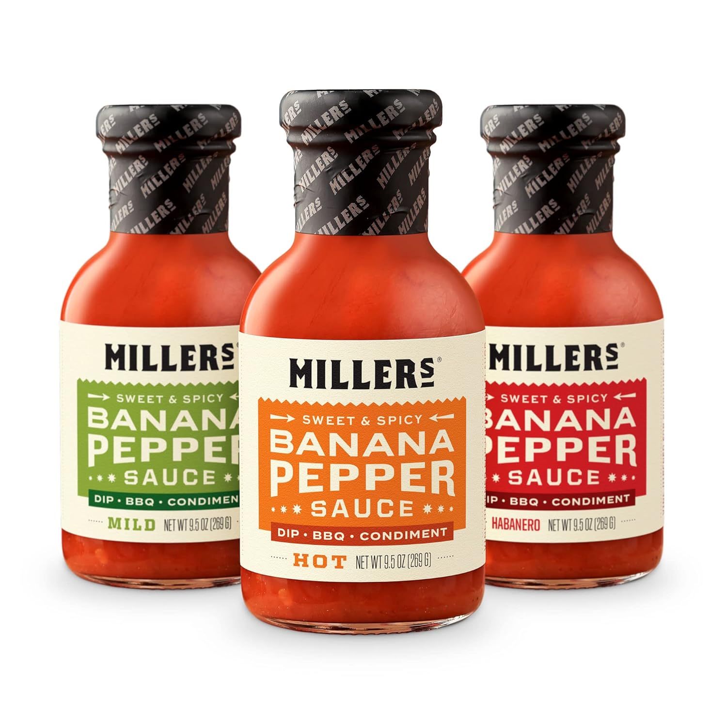Miller's Banana Pepper Sauce Variety Pack - Includes Hot, Mild, Habanero Hot Sauce Set - Best Use for Chicken Wing, Burger, Sandwich, Mexican Dish Non-GMO Project Verified, 9.5 Ounce (Pack of 3)