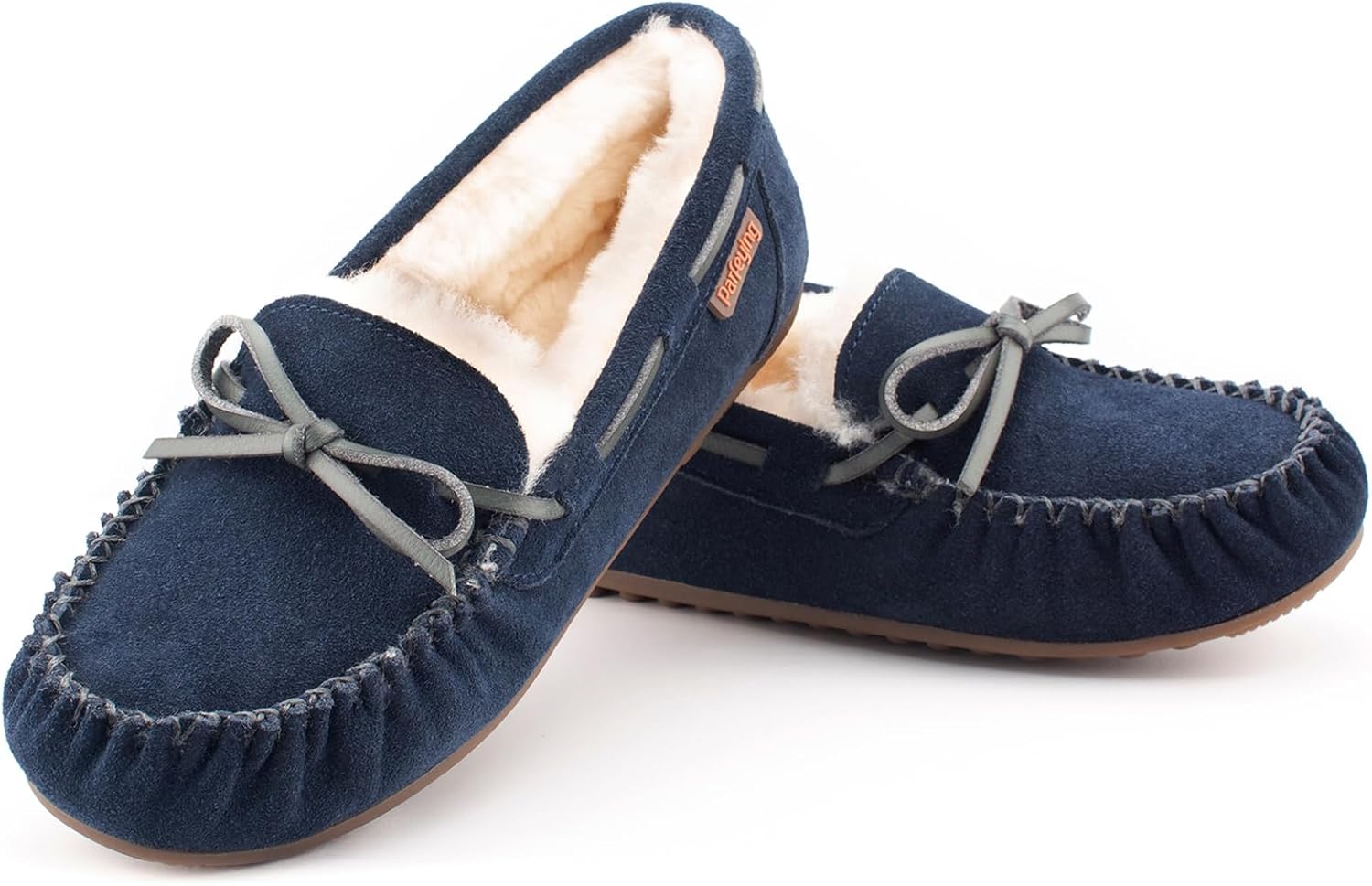 Parfeying Women's Sheepskin Moccasins Cow Suede Memory Foam Slippers Indoor Outdoor Shearling Winter Shoes