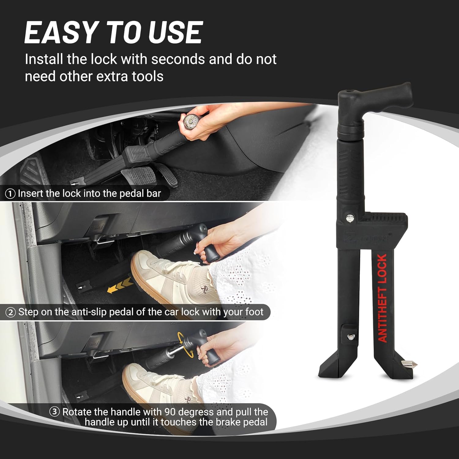 Brake Pedal Lock, Anti Theft Car Device, Brake or Clutch Pedal Deadbolt Lock, Vehicle Anti Theft System with Steering Wheel Sunshade for Cars, Trucks, SUV's, Van Security with 3 Keys