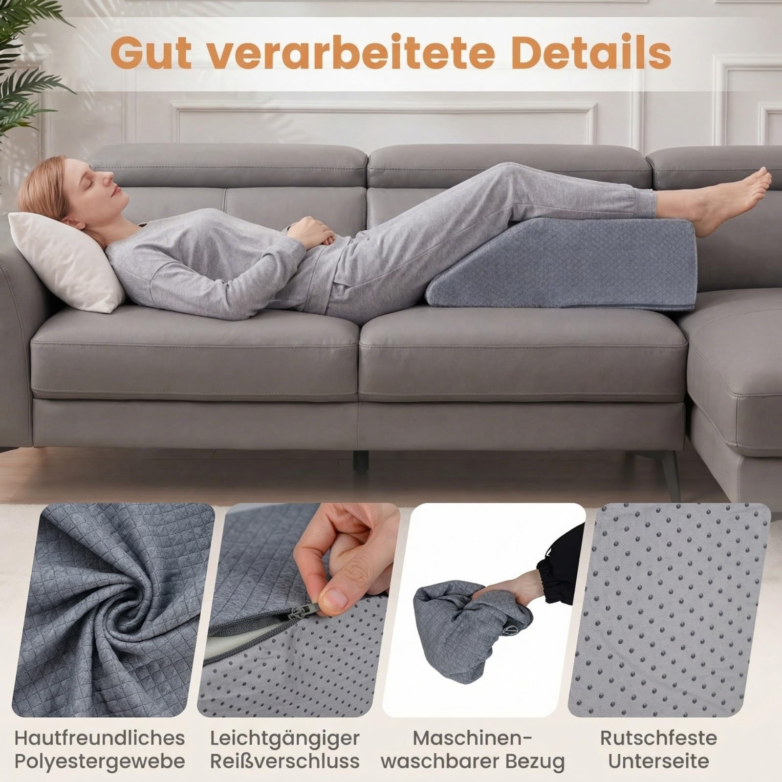 COSTWAY Venenkissen zum Beine hochlagern, Beinkissen aus Memory-Schaum, Beinhochlagerungskissen mit waschbarem Bezug, Beinauflage, Keilkissen, Stützkissen für Beine & Knie (Grau)
