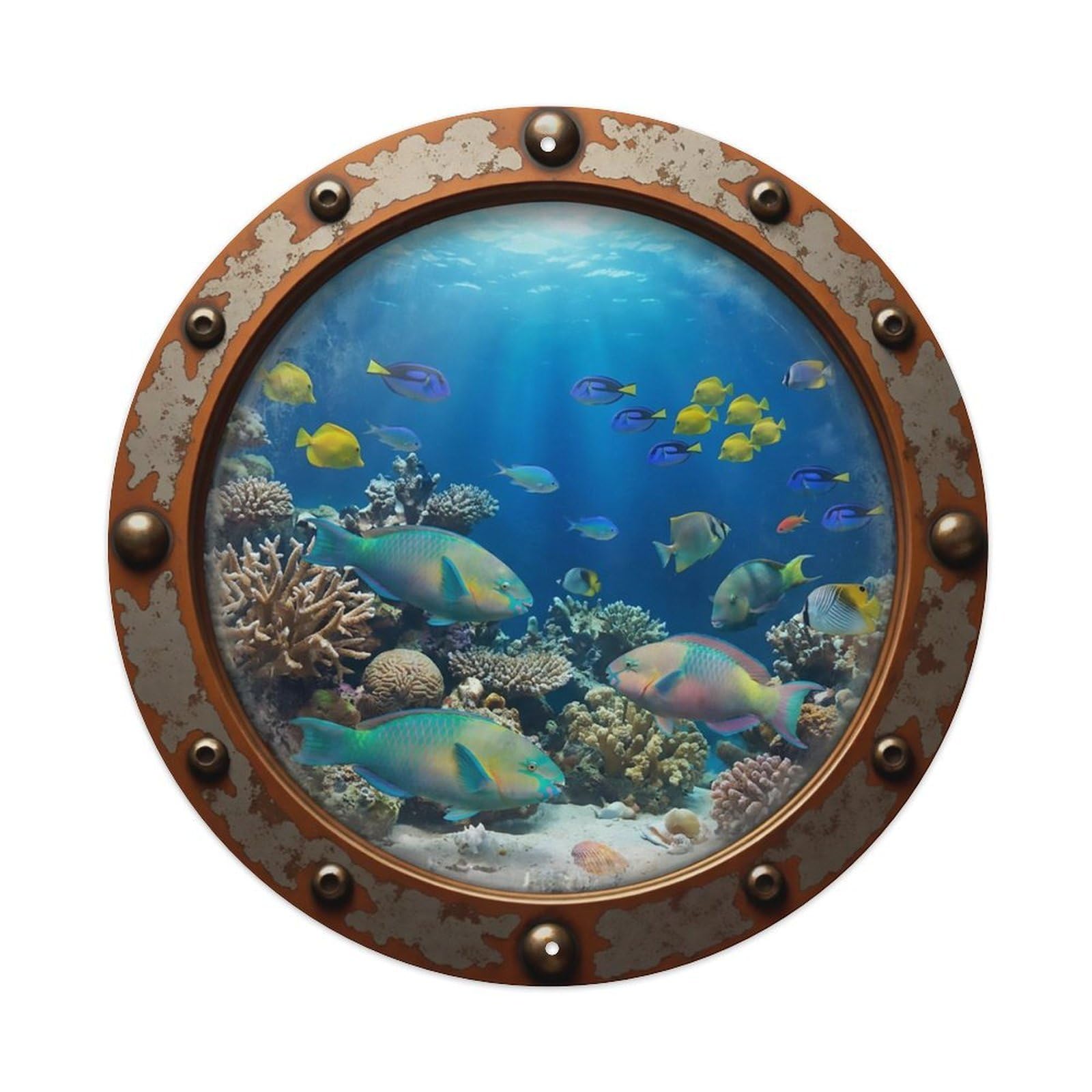 Odgynaw 8X8inch(20X20cm) Vintage Porthole Parrotfish Nautical Window View Metal Tin Sign