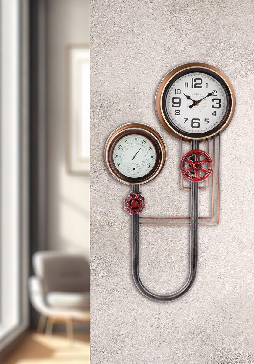 GILDE Orologio da parete industriale con termometro e igrometro, altezza 55 cm, metallo nero rame