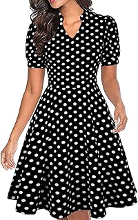 Womens Summer Short Puff Sleeve Casual Semi-Formal Fit and Flare Church Wedding Guest Work Dresses with Pockets - Buy now