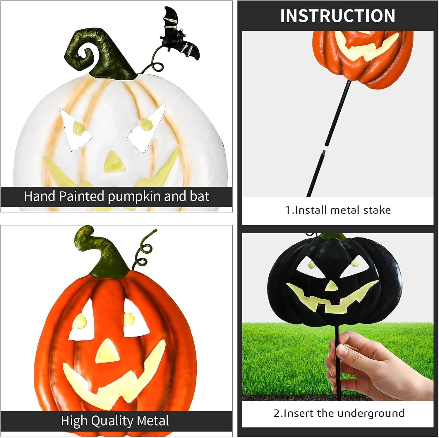 ALLADINBOX Halloween Metal Stakes Pumpkin Jack o Lantern Spooky Faces Smile with Luminous Effect, Garden Yard Signs, Outdoor Party Décor, Set of 4 : Patio, Lawn & Garden