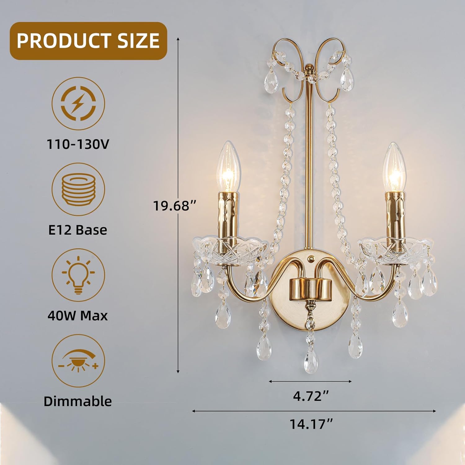 Crystal Wall Sconce Light, 2-Lights Hardwired Gold Wall Sconce with Crystal Dish Indoor Vintage Sconces Wall Lighting Candle Hallway Wall Light Fixtures for Bathroom Living Room Bedroom, 1-Pack