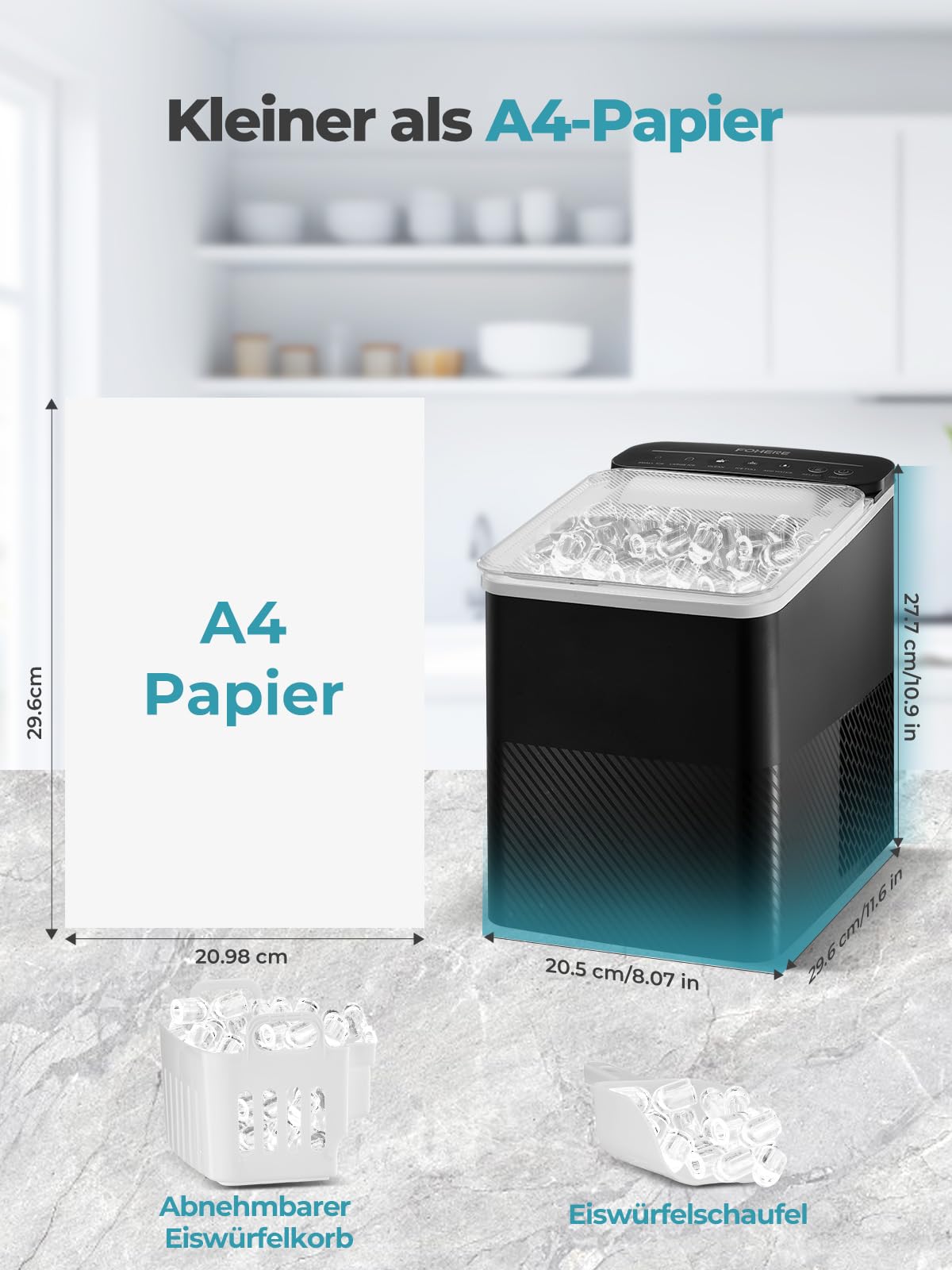 FOHERE Tragbare Eiswürfelmaschine 14 Kg/24h Selbstreinigend Kompakt Schwarz