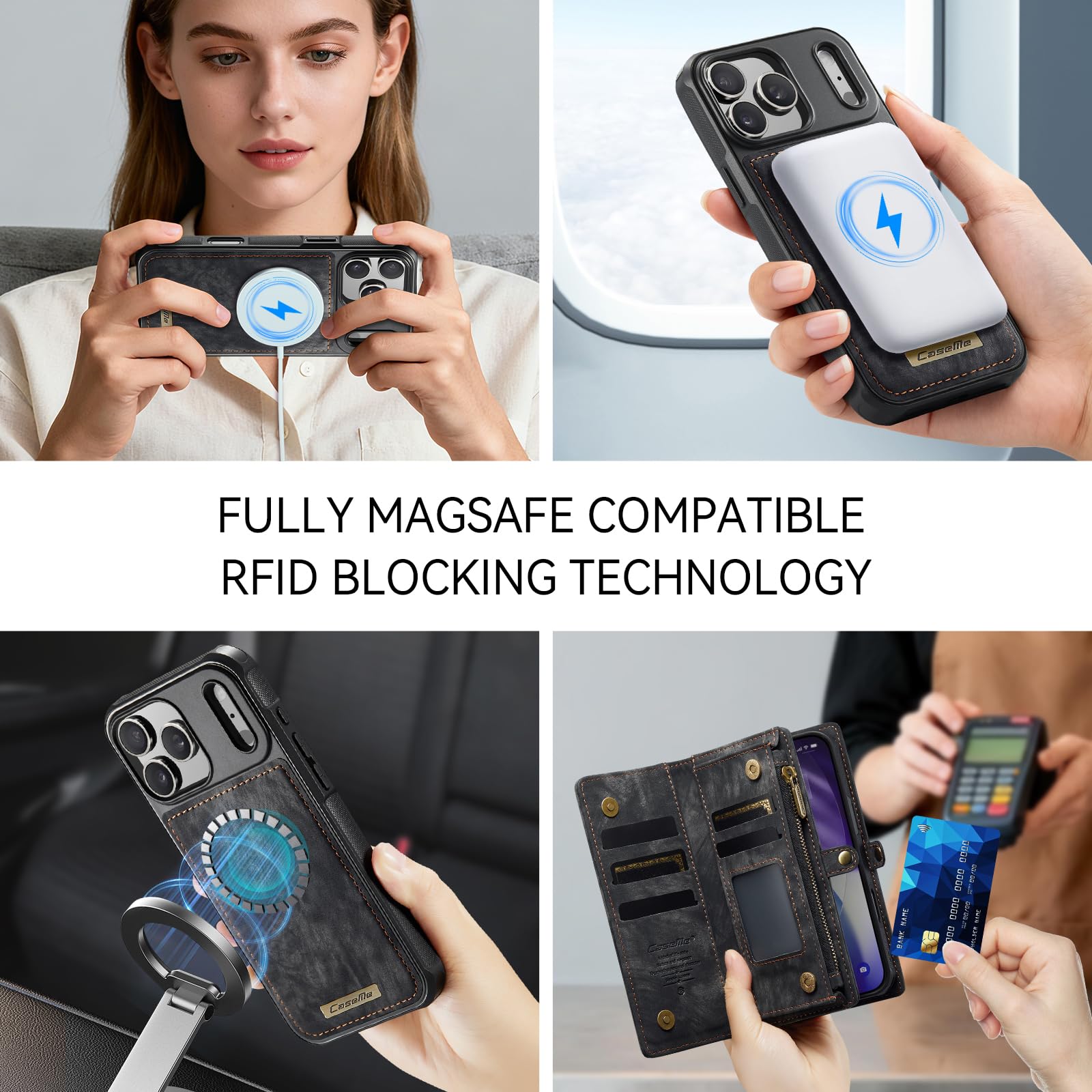 Etui portfelowe na iPhone'a 17 Pro, z 8 przegródkami na karty, magnetyczne zamknięcie, kieszeń na zamek błyskawiczny, odpinane magnetyczne etui 2 w 1, wysokiej jakości skóra PU, z paskiem na