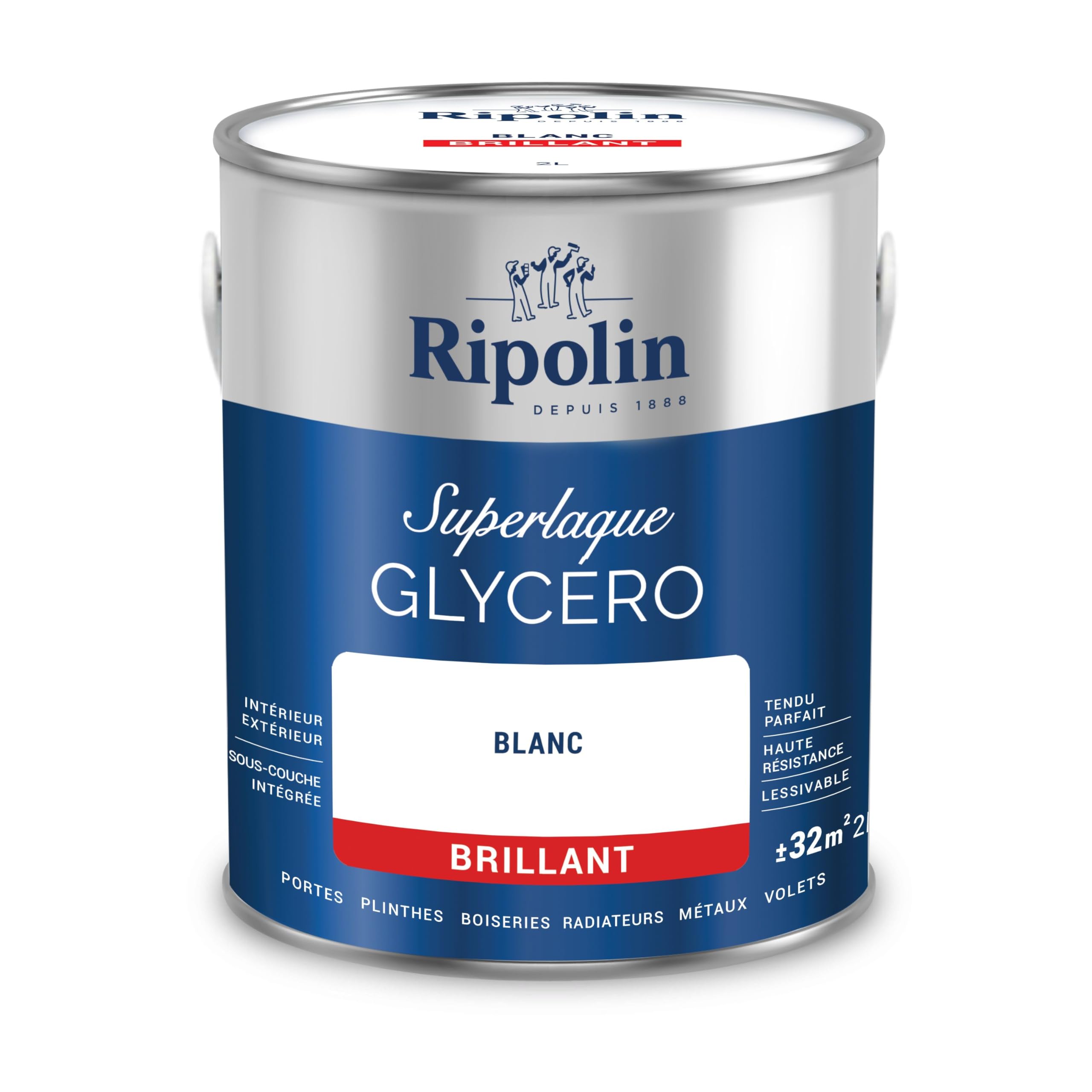 RIPOLIN - Peinture Laque Glycéro Intérieure/​Extérieure - Boiseries et Structures Métalliques - Résistance Accrue - Durabilité Remarquable - Blanc - Brillant - 2L