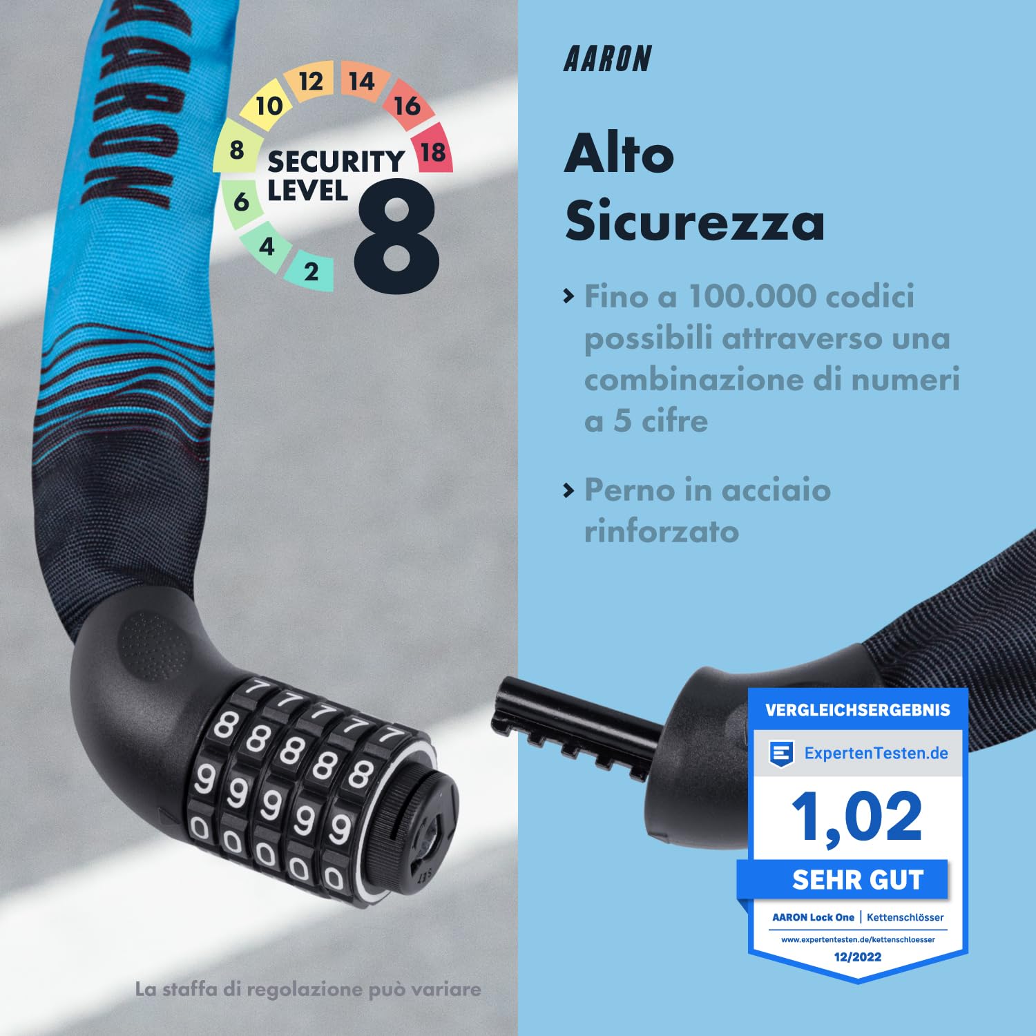 AARON Lock One - Catena antifurto per bicicletta con codice a 5 cifre - lucchetto in metallo e alta sicurezza - per bici elettrica, mountain bike, da trekking, da turismo, da corsa, veicoli elettrici