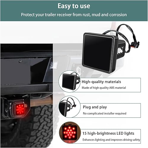 Miniatura 3 de Augeny Cubierta de enganche de remolque de luz de freno de 15 LED, cubierta de enganche de remolque de luz de freno de lente roja cuadrada para