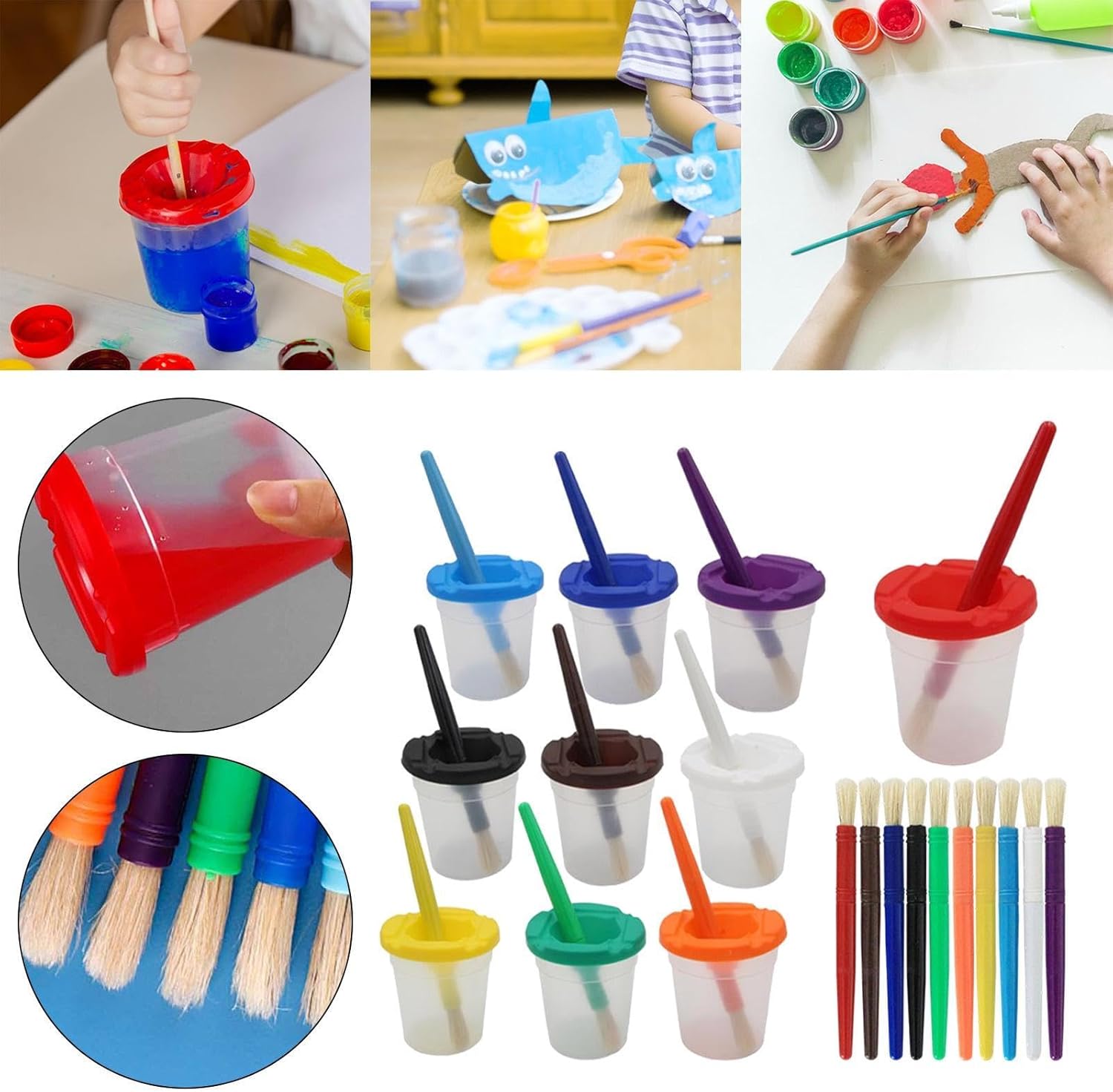 10 Paint Cups with 20 Brushes Creative Washable Easy to Clean Painting Containers Paint Water Cups for Kids