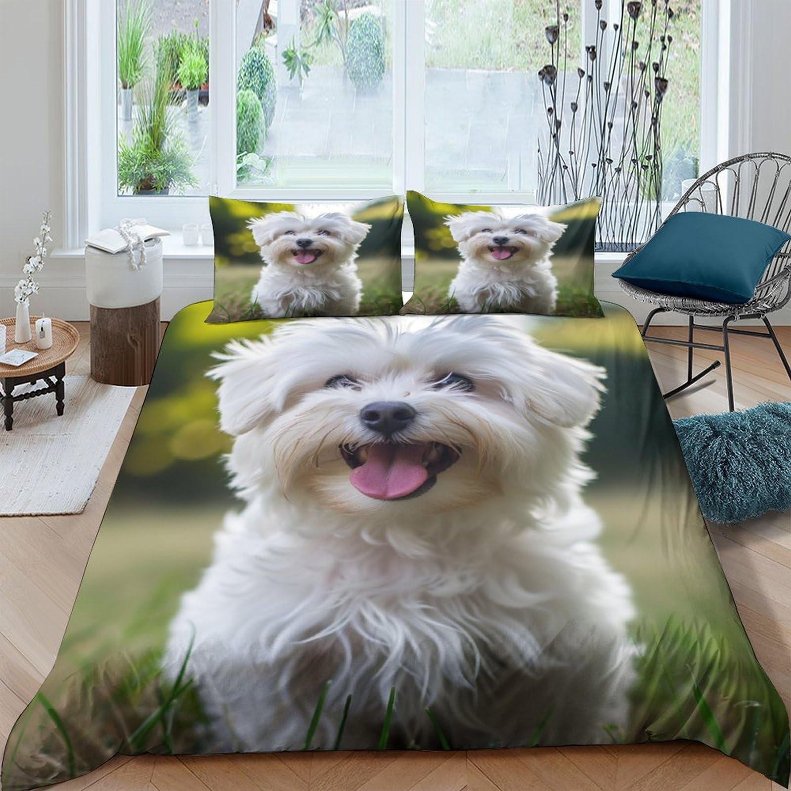 Linge de lit chien maltais housse couette 200x200 pour chambre decoration canin